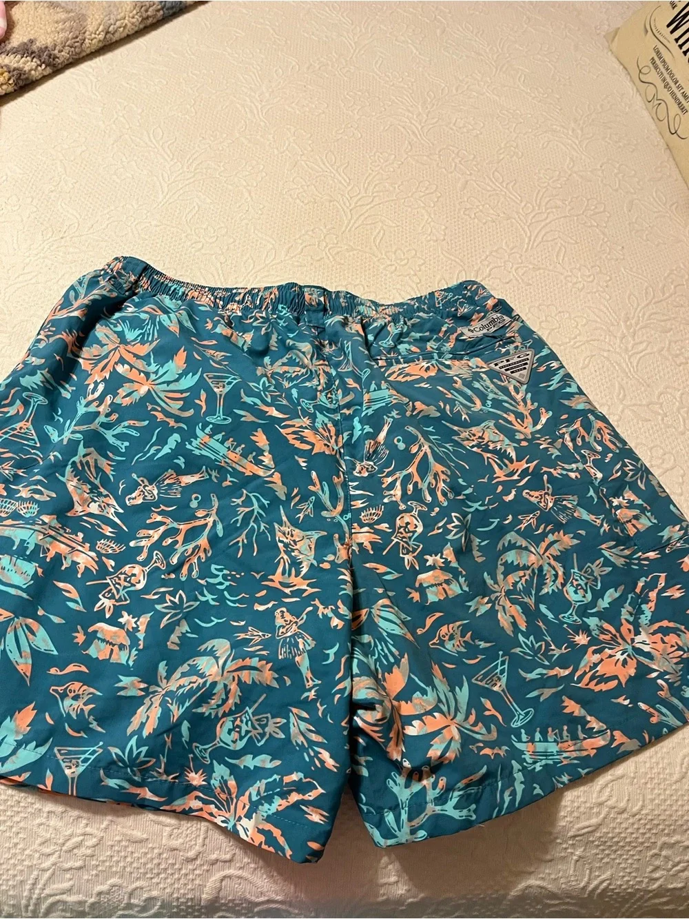 Columbia Teal Swim Shorts with Coral Leaf Print
